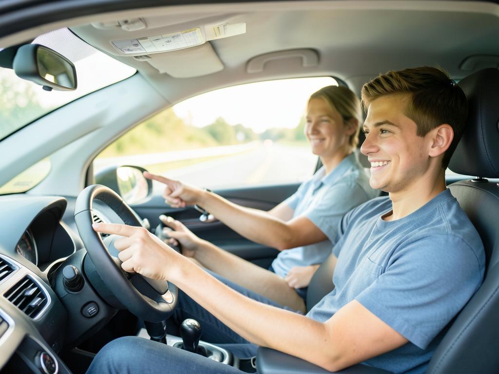Relaxed learner driver smiling beside a friendly instructor in an automatic car